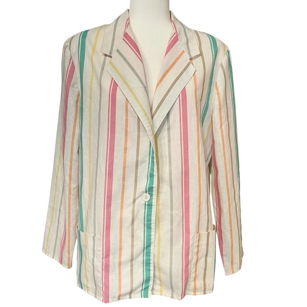 Vintage Tifton Rainbow Pastel Stripe Blazer Lightweight Cotton Blend Womens 18
